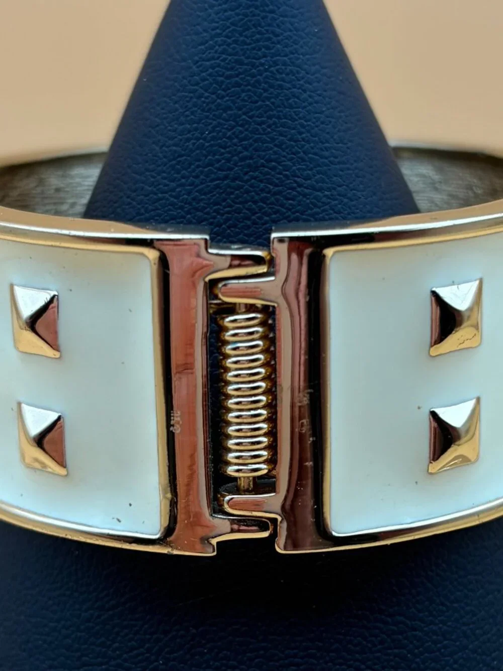 1980s Ivory Enamel/Gold Studded Hinged Clamper Bracelet